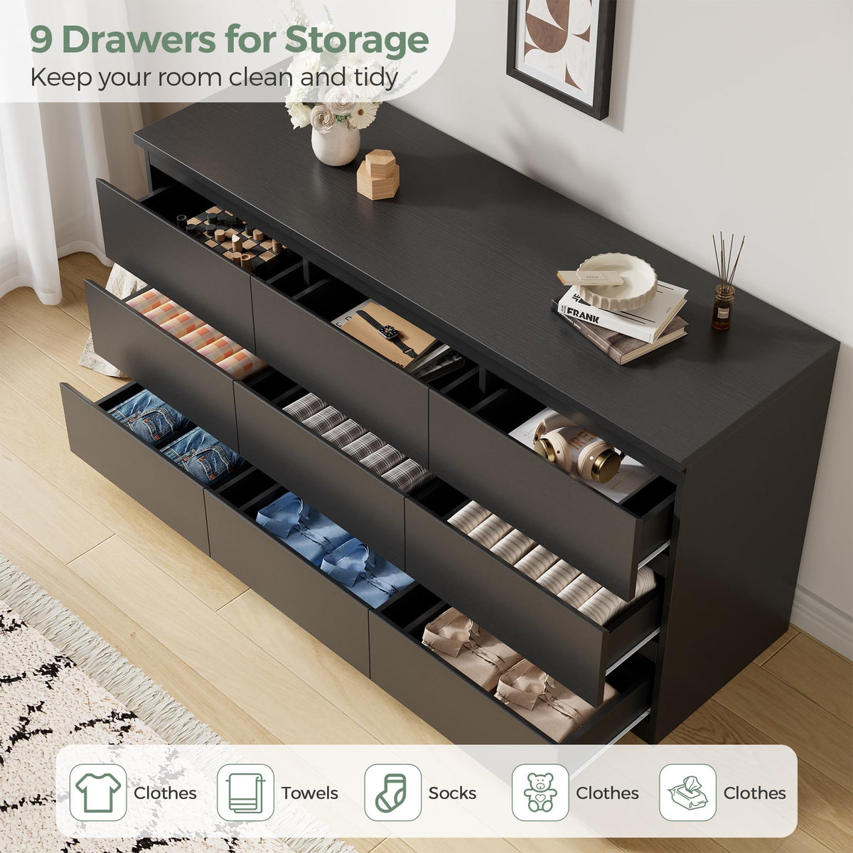 Jocoevol Modern Black 9 Drawer Dresser for Bedroom, Simply Chest of Drawers, Wood Storage Dresser with Deep Drawers for Living Room Hallway Entryway (Black)