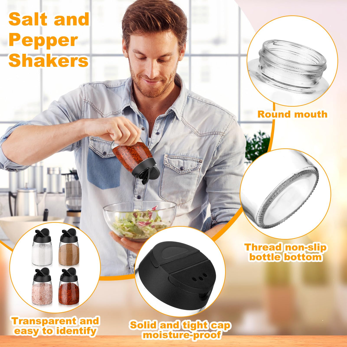 Sawysine 4 Pack 150ml 5 oz Glass Salt and Pepper Shakers with lids Vintage Spice Shakers Bottle Moisture-Proof Condiment Holders Kitchen Gadgets Cooking Table for Dining Room Table Kitchen Restaurant