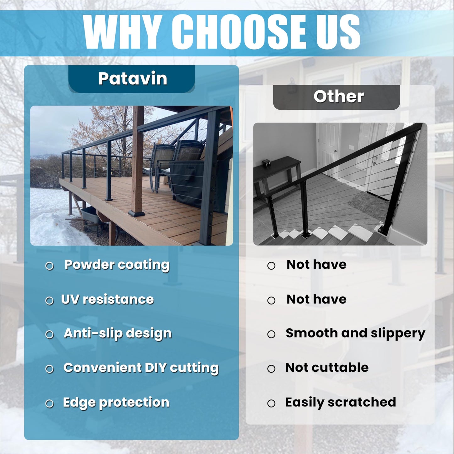 Patavin Complete Set 36" Cable Railing Post Kit, Black Level Drilled Cable Railing Post, Invisible Cable Railing System Kit, 1/8" Stainless Steel Cable, 3Pack Posts with Cable Grommets (No Handrail)