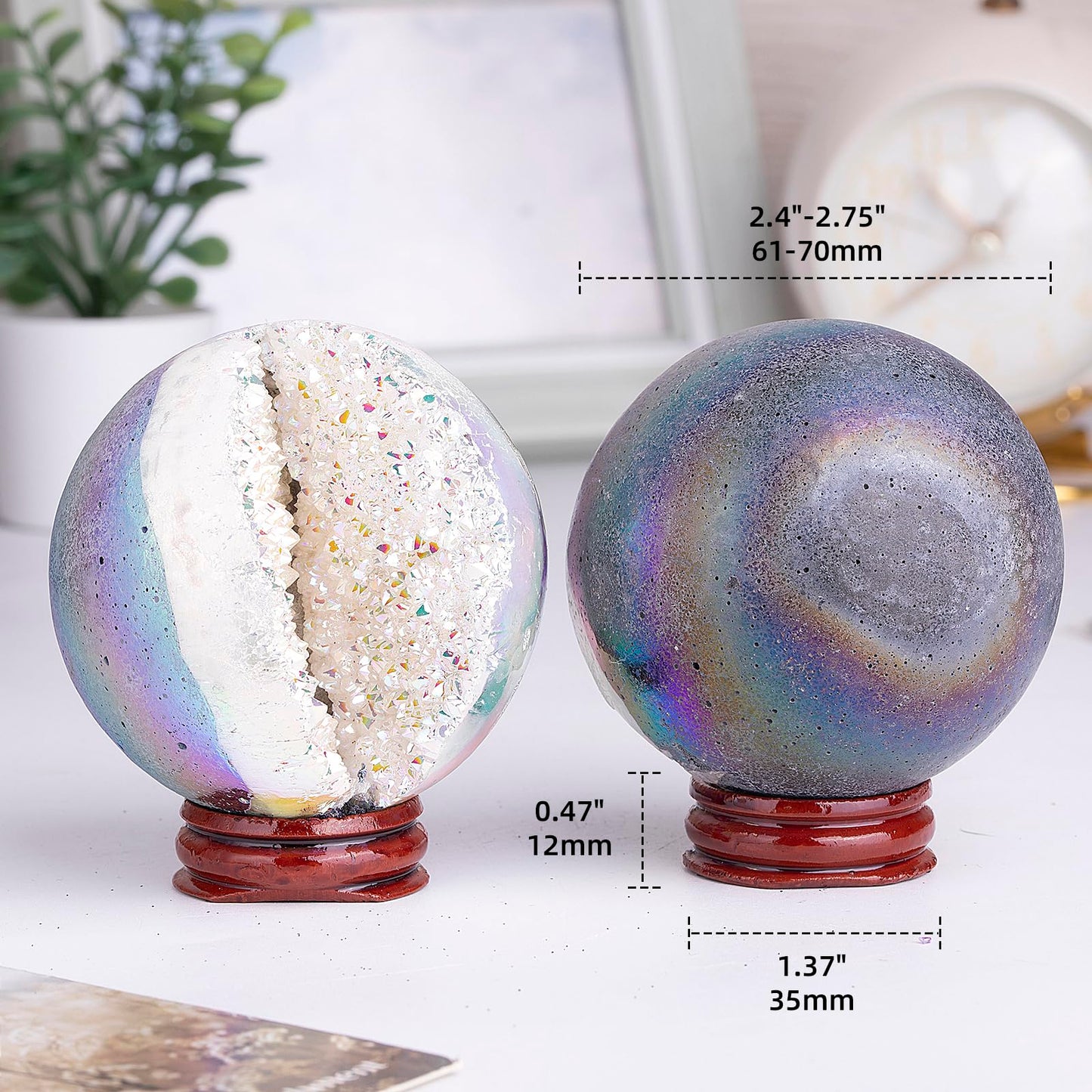 Sportmusies Titanium Coated Rock Crystal Geode Ball with Wooden Stand, Druzy Quartz Stone Cluster Sphere Reiki Home Office Decoration, Angel Aura