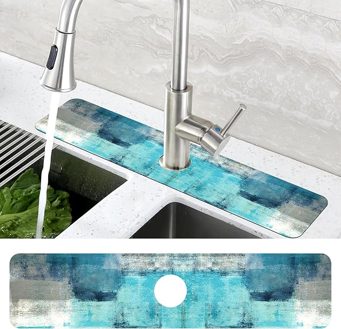 Kitchen Sink Splash Guard Faucet Mat Abstract Teal and Grey Geometric Absorbent