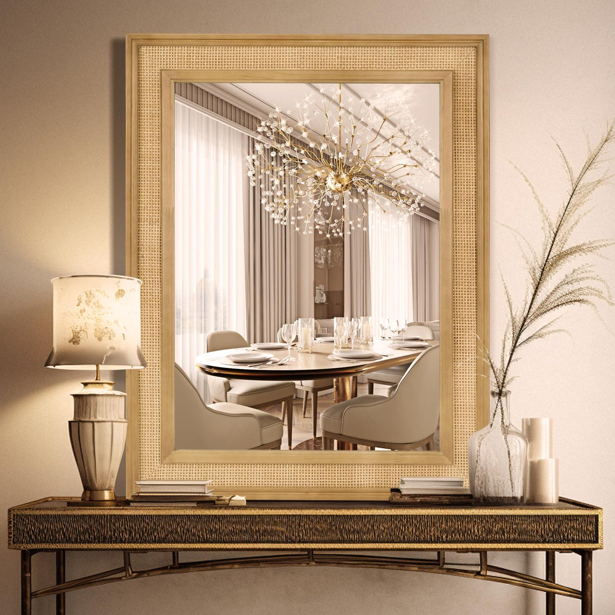 WallBeyond Rattan Wall Mirror Rectangle, 32 X 44 inch Rattan Mirror with Wooden Framed for Wall Decor Bathroom, Living Room, Entryway, Farmhouse, Bedroom