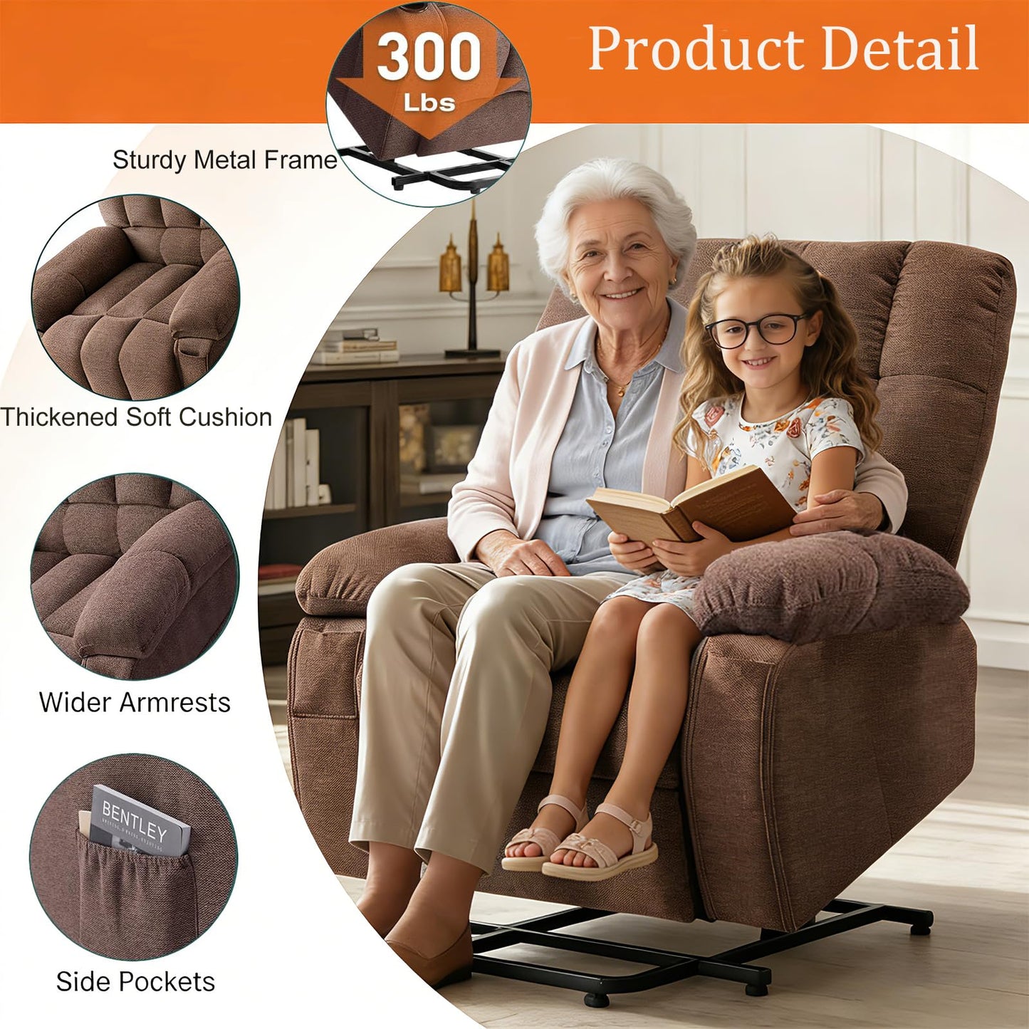 Power Lift Recliner Chair for Adult with Heated and Full Body Massage, Glider Nursery Chair with Cup Holder and USB Charge Port, Oversided Swivel Rocker Recliner for Living/Study/Bedroom Room, Brown