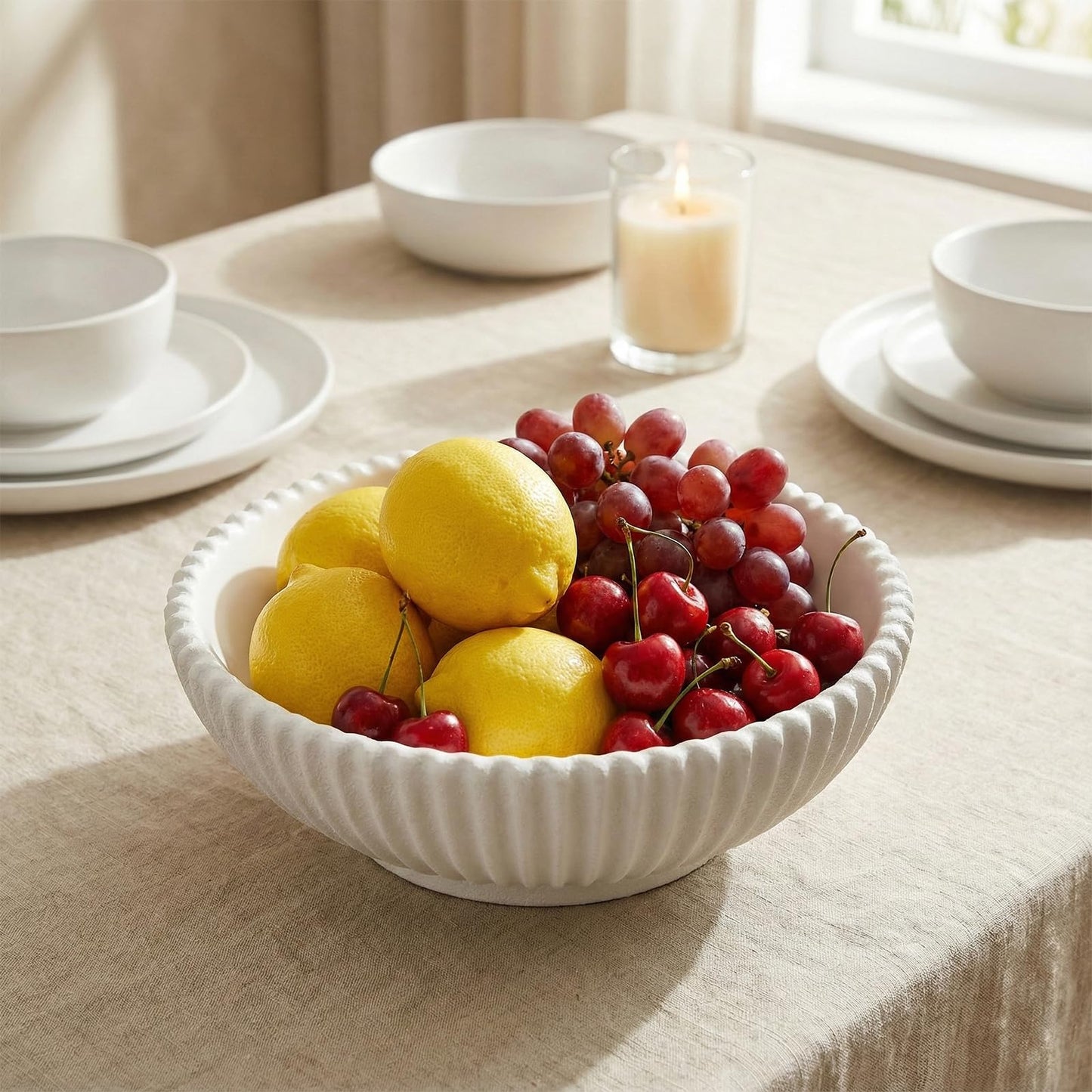 LINYTHER Large Decorative Fruit Bowl for Kitchen Counter or Table, Key Holder Bowl for Entryway Table, Bread Candy Snack Organizer, Modern Farmhouse Centerpiece Decor, White/Stripe