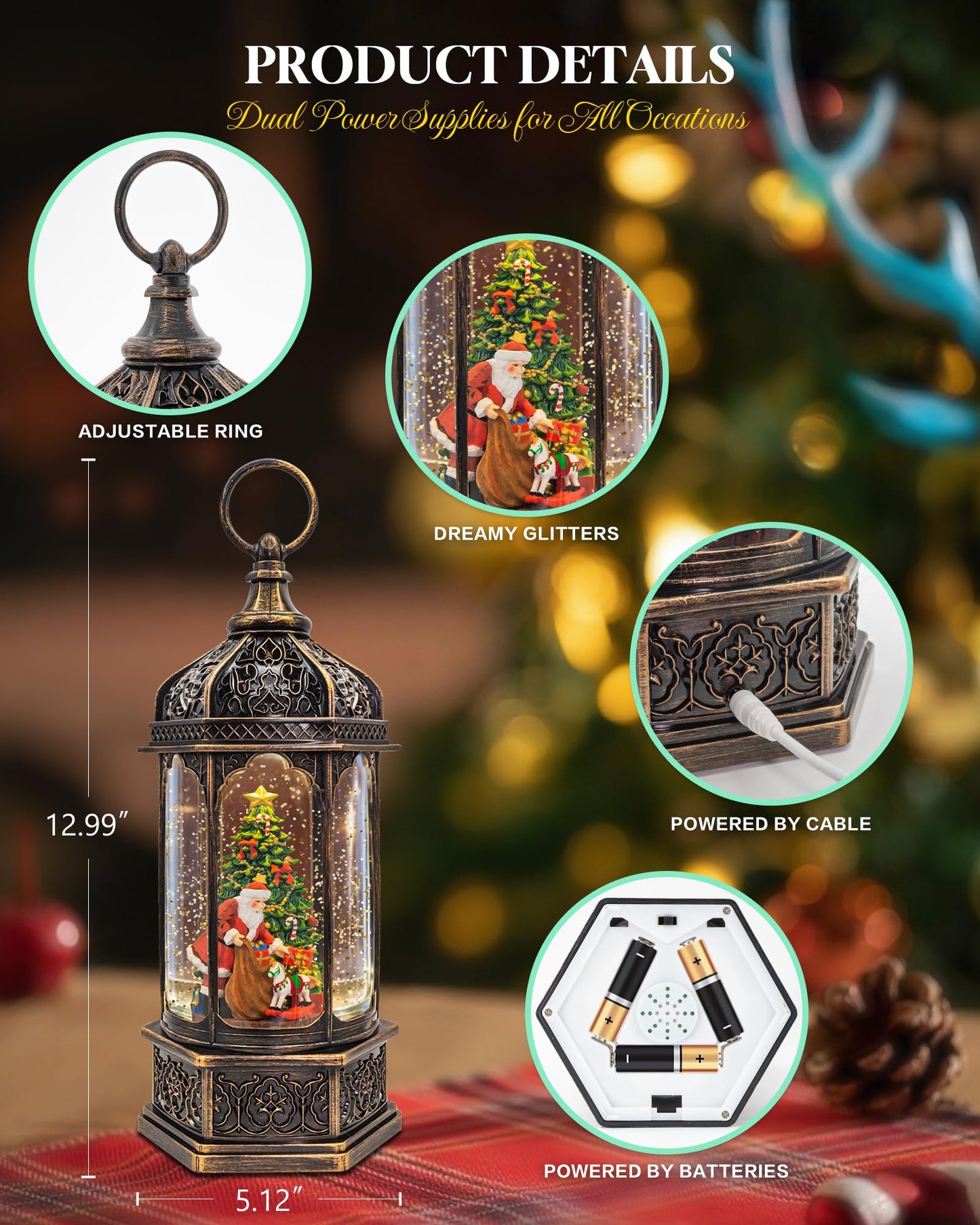 Large Musical Christmas Snow Globes Lantern, 13" Lighted Electric Snowglobes with 8 Holiday Songs, 6H Timer Dual Power, Santa with Gifts Christmas Ornaments Snow Globe for Kids Adults, Gifts Men Women