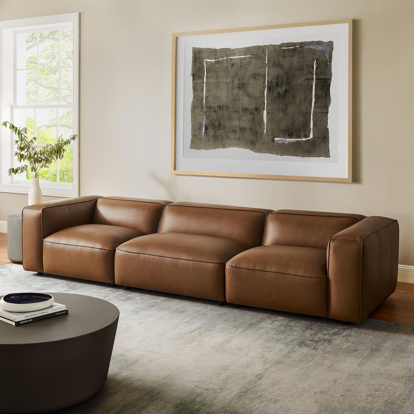 Modway Auren Vegan Leather 3 Piece Modular Sofa in Coffee - Faux Leather 3 Seater Couch - Comfy Mid Century Modern PU Leather Sofa for Living Room, Apartment, Loft