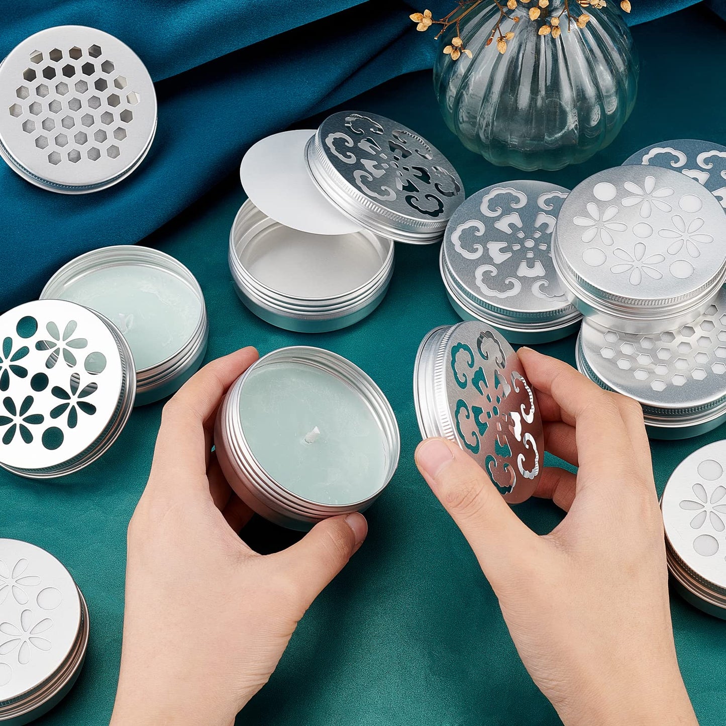 PH PandaHall 2 Ounce Aluminium Tins, 12pcs 3 Styles Empty Storage Containers with Hollow Lids 60ml Screw Lid Round Jars Sample for Aromatherapy Air Freshener Candles Travel Storage