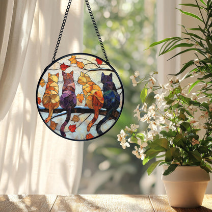 XFCICRLJ Cat Gifts Fall Winter Suncatcher Stained Glass Window Hanging, Rustic Autumn Black Cat Sun Catchers Indoor Window Glass Wall Art Decor, Fall Wall Hanging Decor Decorations, 7.9x7.9 Inch
