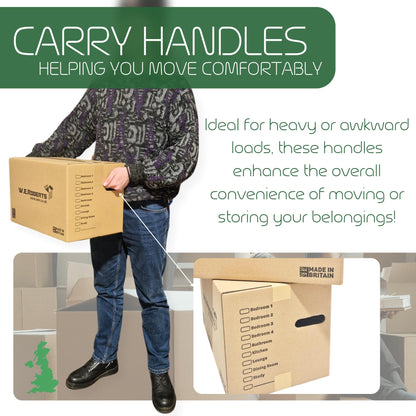 10 Strong Large Cardboard Storage Packing Moving House Boxes with Carry Handles and Room List – Ideal for Storage, Moving, and Packing 18" x 11" x 11" internal. Made in the UK