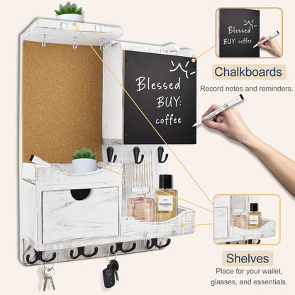 HEKOOLA Key Holder Wall Mount， Mail Organizer Key Holder for Wall with Shelf, Drawer, Chalkboard, Corkboard, Home Decor Wall Mounted for Room Entryway(Whitewashed)
