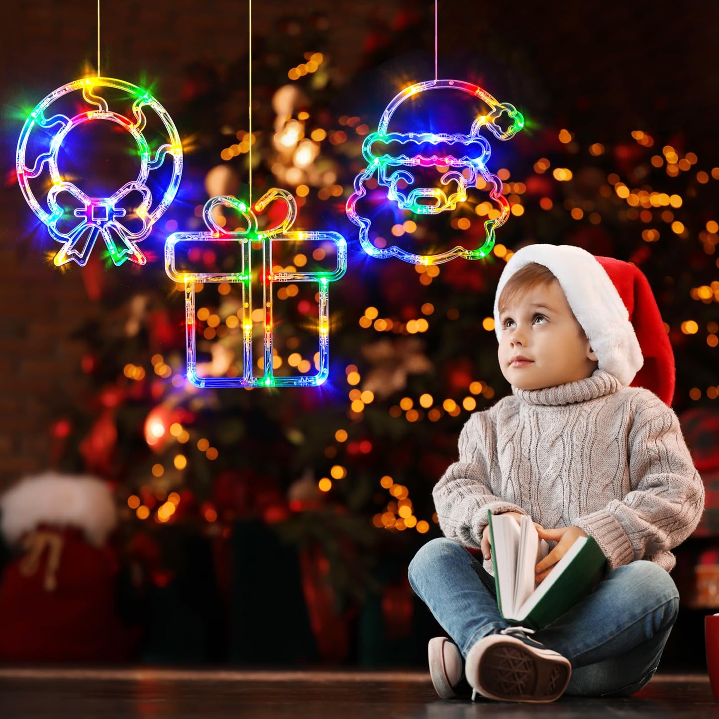LOLStar Christmas Window Decorations 3 Pack Wreath Gift Box Santa Claus Christmas Window Lights with Suction Cups, Battery Operated Xmas Lights Decors, 2024 Upgrade Slow Fade Mode and Timer Function