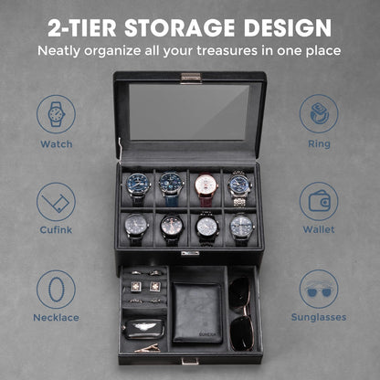ProCase Watch Box for Men, Jewelry Organizer Box with Drawer, Display Storage Case with Glass Lid -Black, 8 Slot
