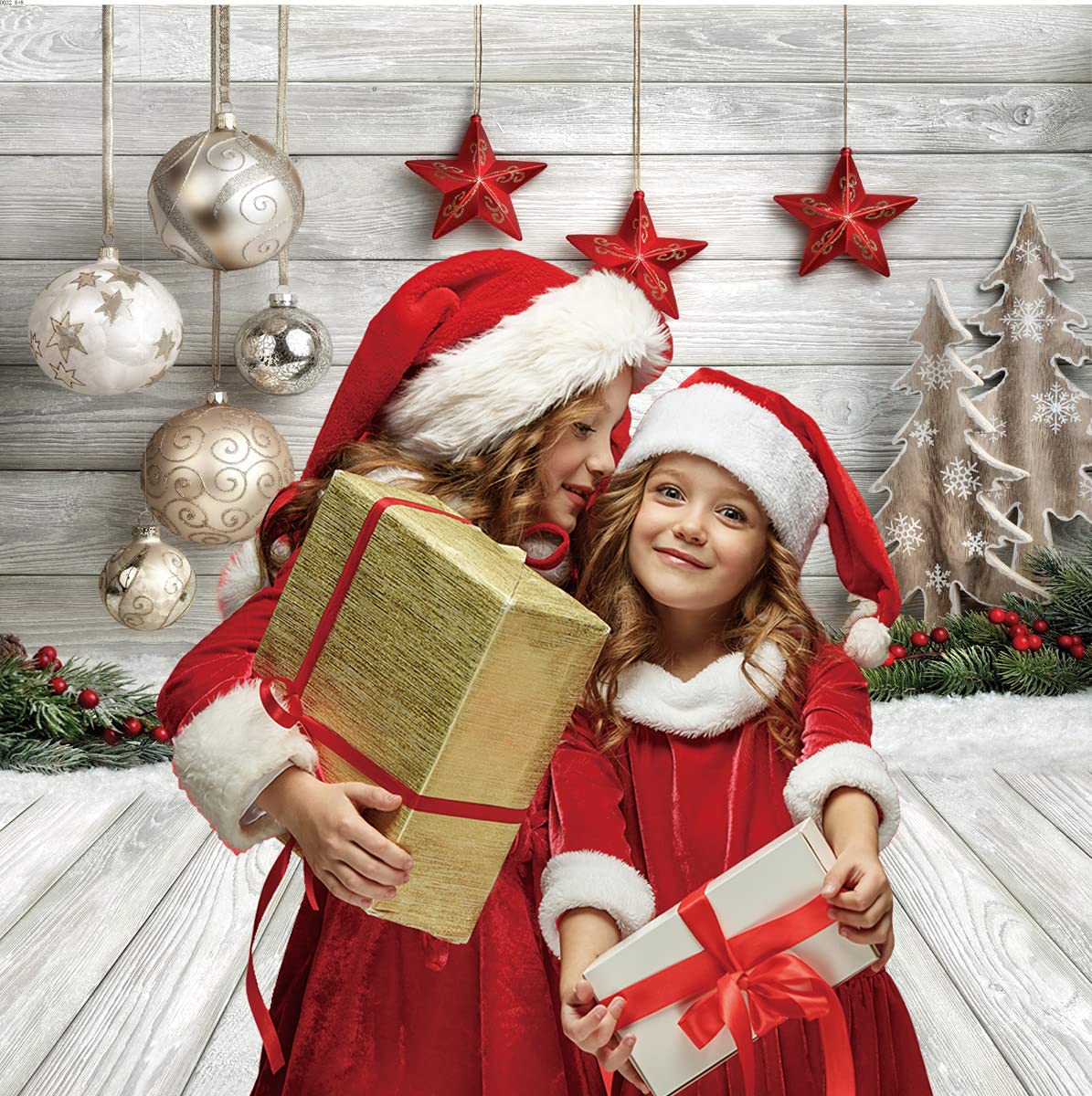 Dudaacvt 8X8ft Christmas Backdrop White Wood Floor with Snowflake Backdrop Christmas Tree Gifts Background for Family Gathering