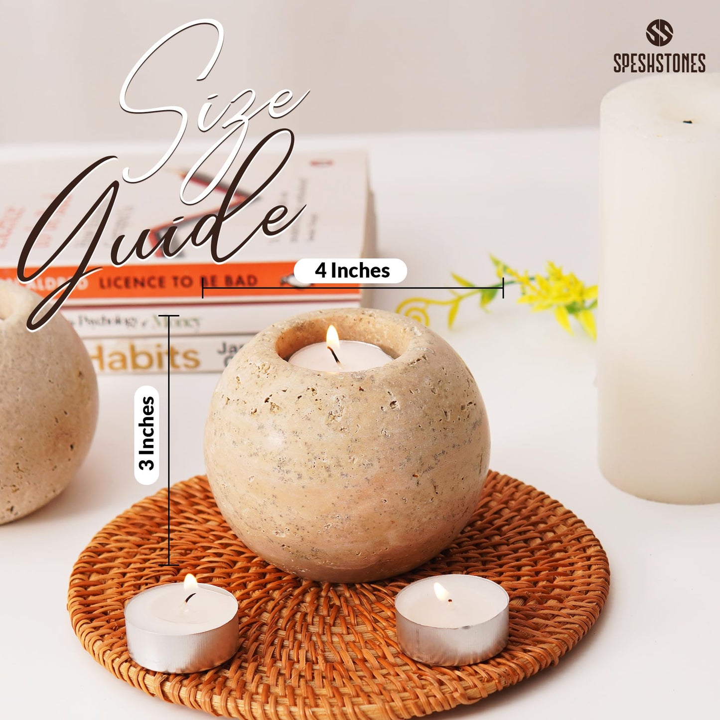 SPESHSTONES Marble Tealight Candle Holders 4 Inch Travertine Votive Candles Holder for Gifts, Tea lights Candles Set of 2 For Birthday, Wedding, Dining Tables Centerpieces & Valentines day Decorations