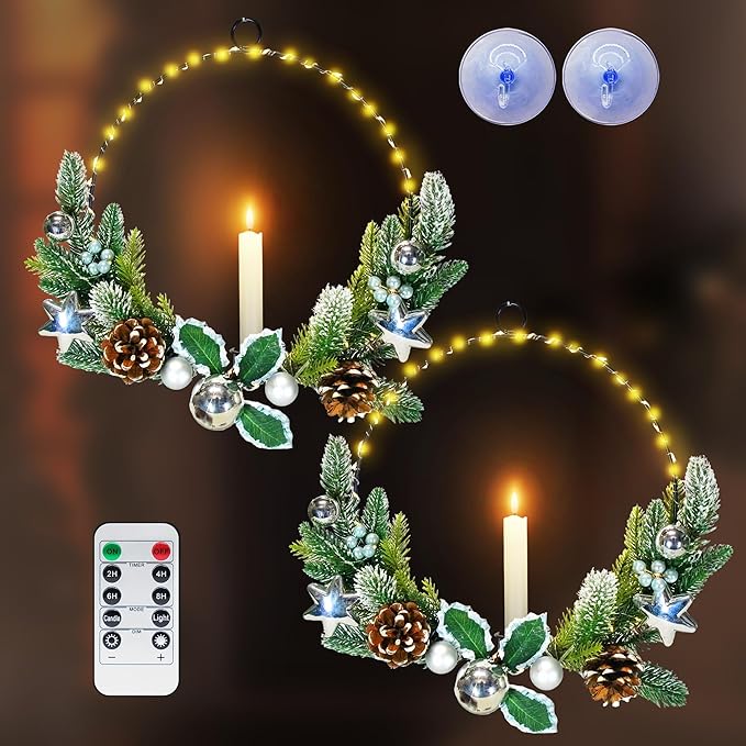 2Pack Christmas Wreaths for Front Door with Lights & Flickering LED Taper Candles & Remote, 16'' Windows Wreaths, Fireplace Christmas Decorations - Silver