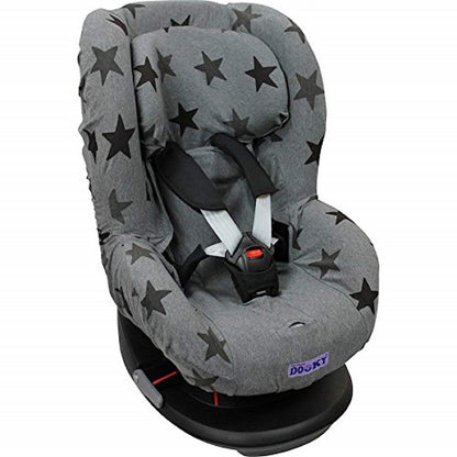 Dooky Seat Cover, Separate Headrest Cover Included, Universal Size, Fits Most Baby Car Seats with 5 Point Belts, 95 Percent Cotton and 5 Percent Lycra, Washable, Group 1+ yrs (9-18 kg), Grey Stars