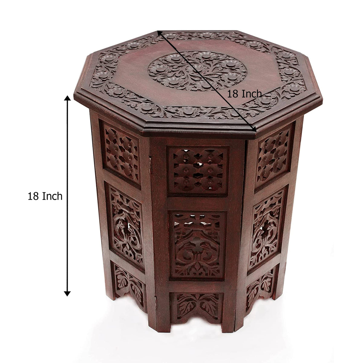 COTTON CRAFT Solid Wood Accent End Table - Hand Carved Vintage Boho Folding Side Table - Small Spaces Entryway Farmhouse Living Room Bedside - No Tools Assembly - 18x18 Octagon - Brown