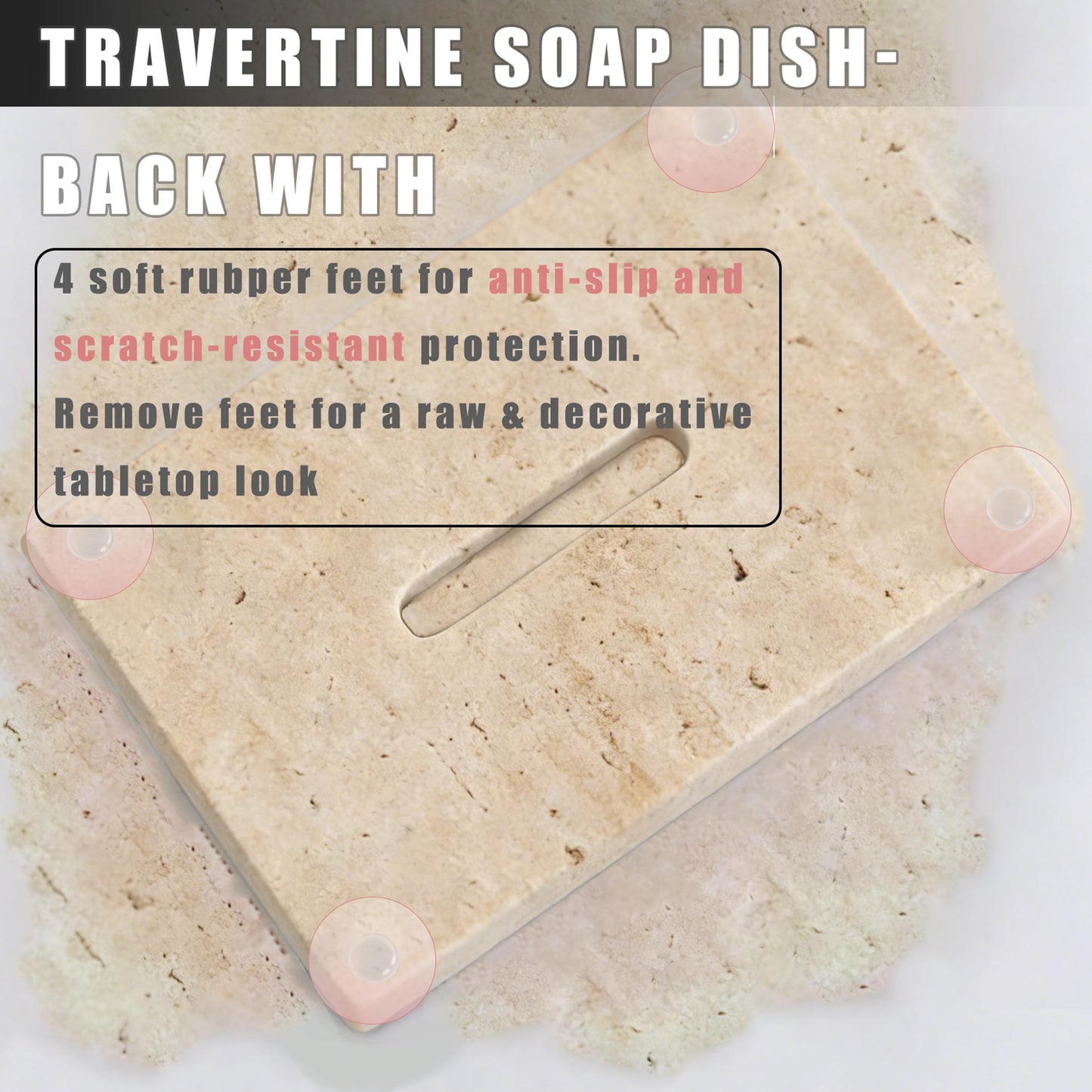 LMHOUS Natural Travertine Marble Soap Dish - Beige Brown Stone Soap Holder for Shower, Bathroom, Kitchen Sink Sponge & Jewelry Ring Tray