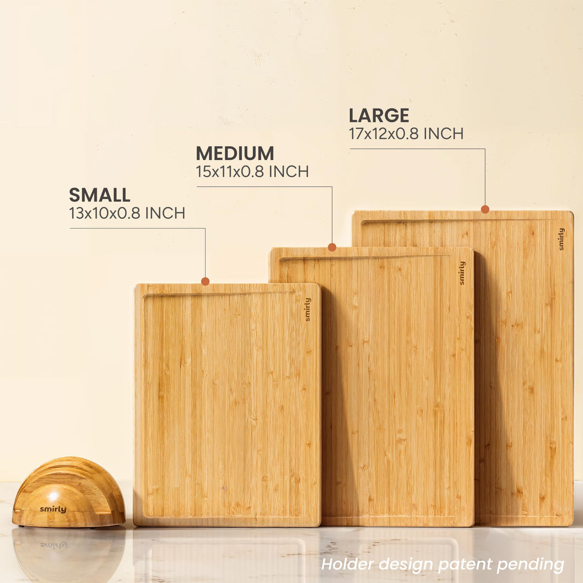 SMIRLY Bamboo Cutting Boards for Kitchen - Wood Cutting Board with Handle and Juice Groove - Wooden Chopping Board Set of 3 with Holder