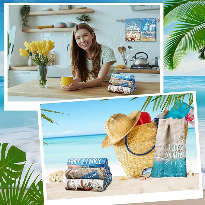 Breling Set of 6 Summer Beach Kitchen Towels Vintage Themed Dish Towel Bathroom