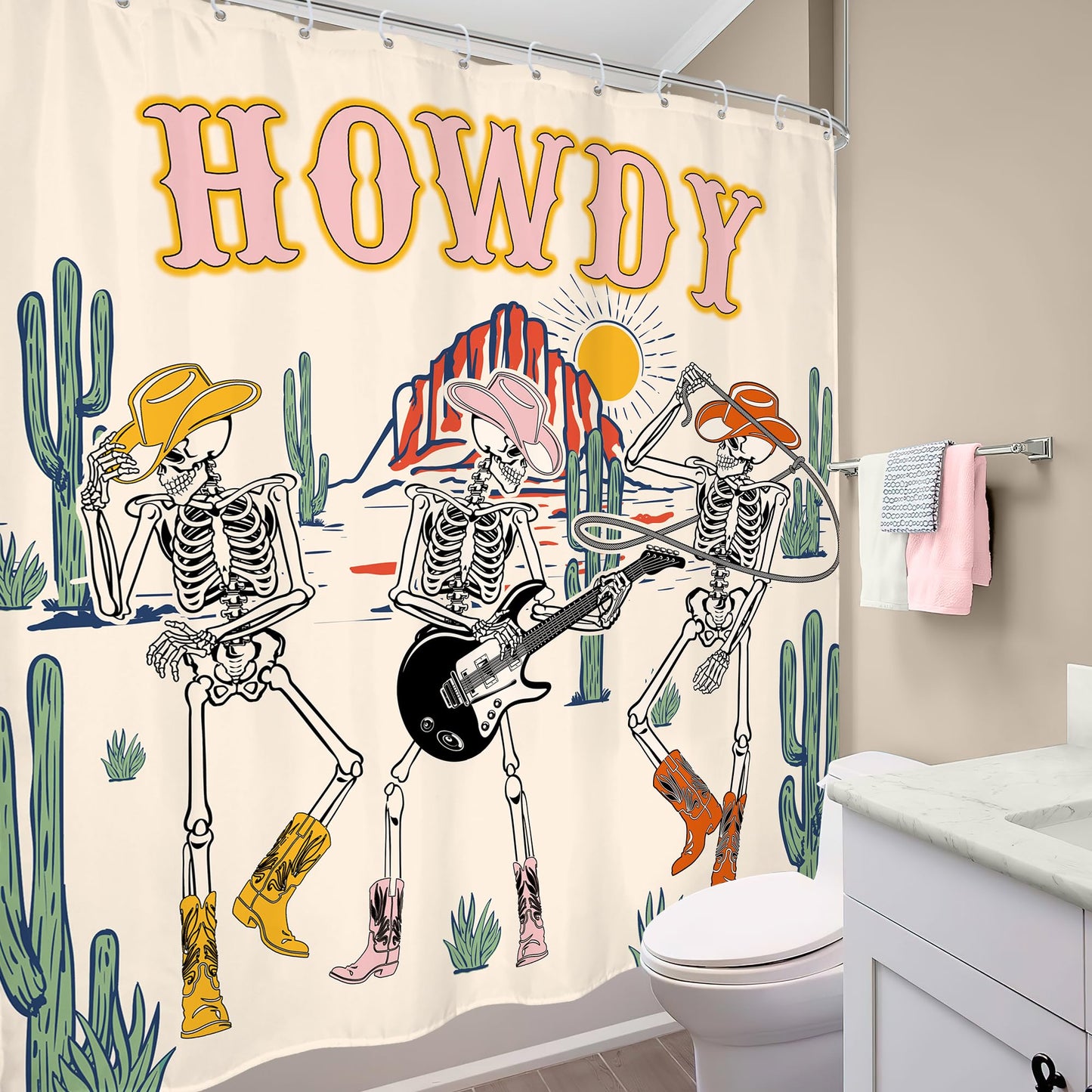Mitpok Halloween Western Cowboy Skull Shower Curtain Funny Skeleton Retro Cowgirl Texas Howdy Funky Groovy Wild West Desert Gothic Cool Mountain Cactus 72Wx72H Bathroom Decor Bath Curtain 12 Pack Hook