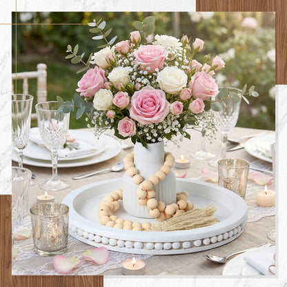 Tiangrid 3 Pieces Rustic Country Style Tabletop Centerpieces, Bohemian Style Ceramic Vase with Wooden Tray, Wooden Bead Garland, Tassel Table Stand for Home Decoration