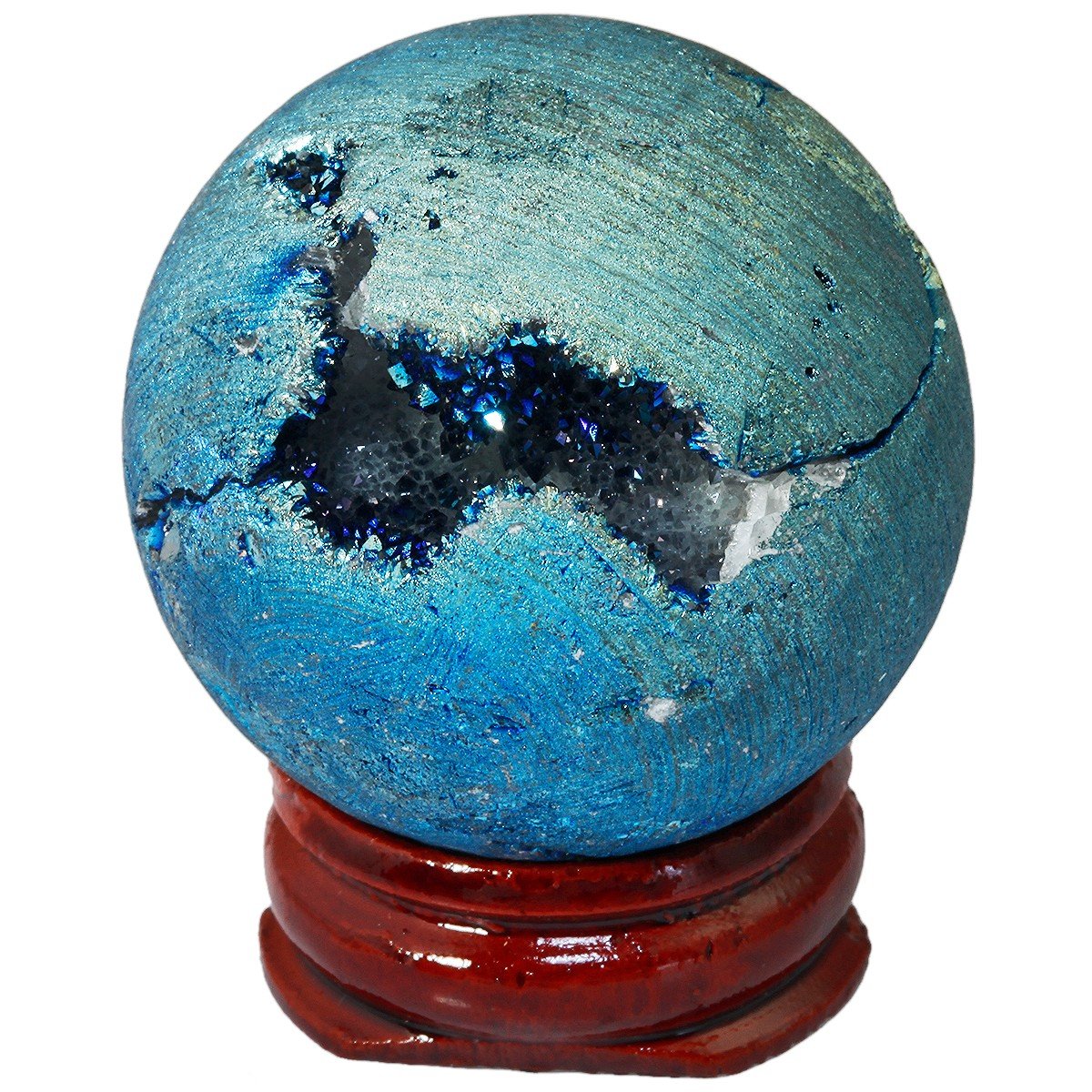mookaitedecor Druzy Agate Geode Specimen, Blue Titanium Coated Quartz Crystal Sphere Ball Figurines with Wood Stand