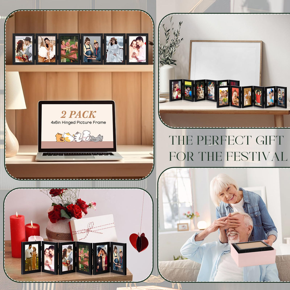 Sintuff 2 Pack 6 Folding Hinged Picture Frame Graduation Photo Frame High Definition Natural Wood Picture Collage for Desktop Display Family Graduation Birthday Mother's Day Gift(Black,4x6 in)