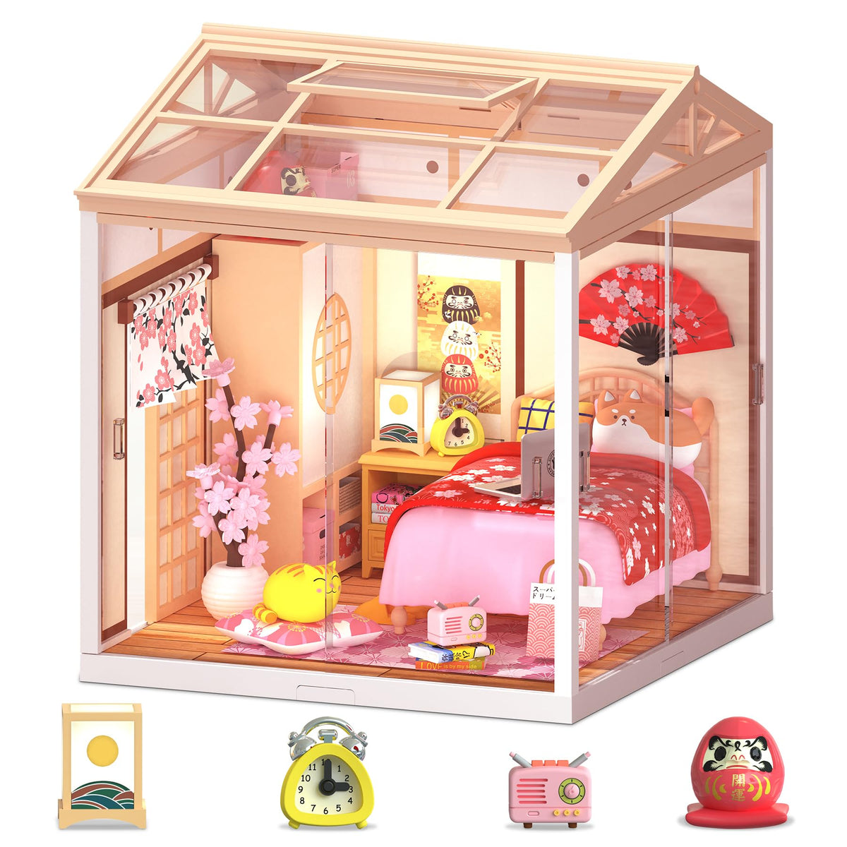 Loyratche DIY Japanese Bedroom Miniature House Kit, LED Light Mini Dollhouse Kit for Adults and Teens, with Roof & Dust Covers, Tiny House Gifts for Kids and Adults
