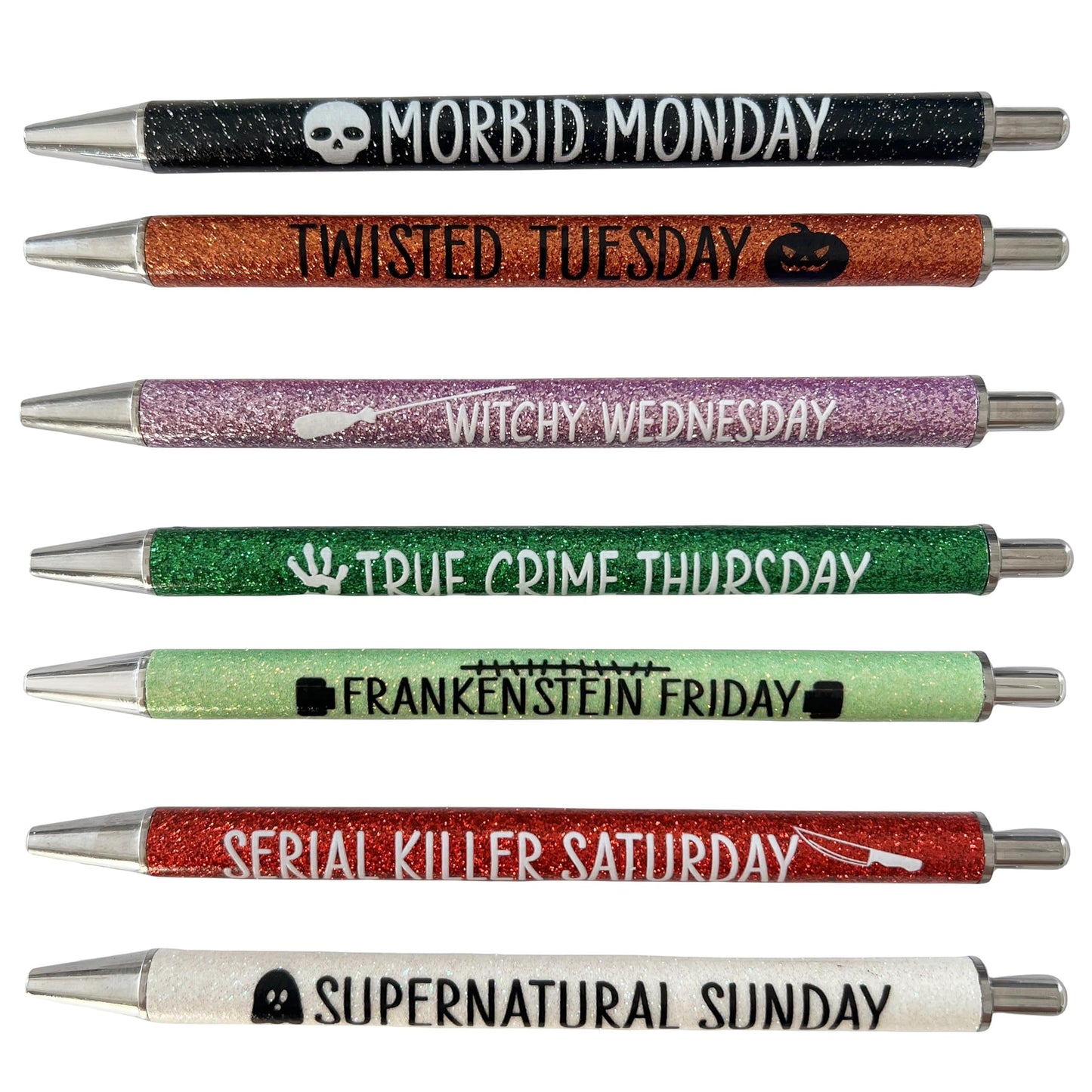 Jxueych 7Pcs Halloween Weekday Pens Glitter Pen with Funny Sayings Vibrant Passive Fancy Ballpoint Pens Cute Gifts for Colleagues Office Supplies (Halloween Pen Set)