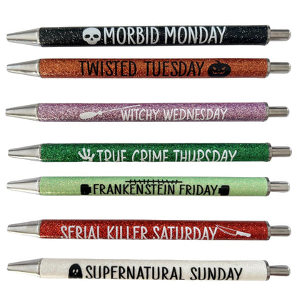 Jxueych 7Pcs Halloween Weekday Pens Glitter Pen with Funny Sayings Vibrant Passive Fancy Ballpoint Pens Cute Gifts for Colleagues Office Supplies (Halloween Pen Set)