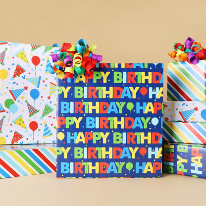 BIOBROWN Birthday Wrapping Paper, Colorful Gift Wrap with Text Happy Birthday Balloon Stripes Design for Kids, 17 inch X 120 inch Per Roll