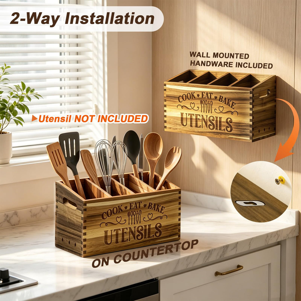 toytoto Large Acacia Wooden Utensil Holder for Kitchen Countertop