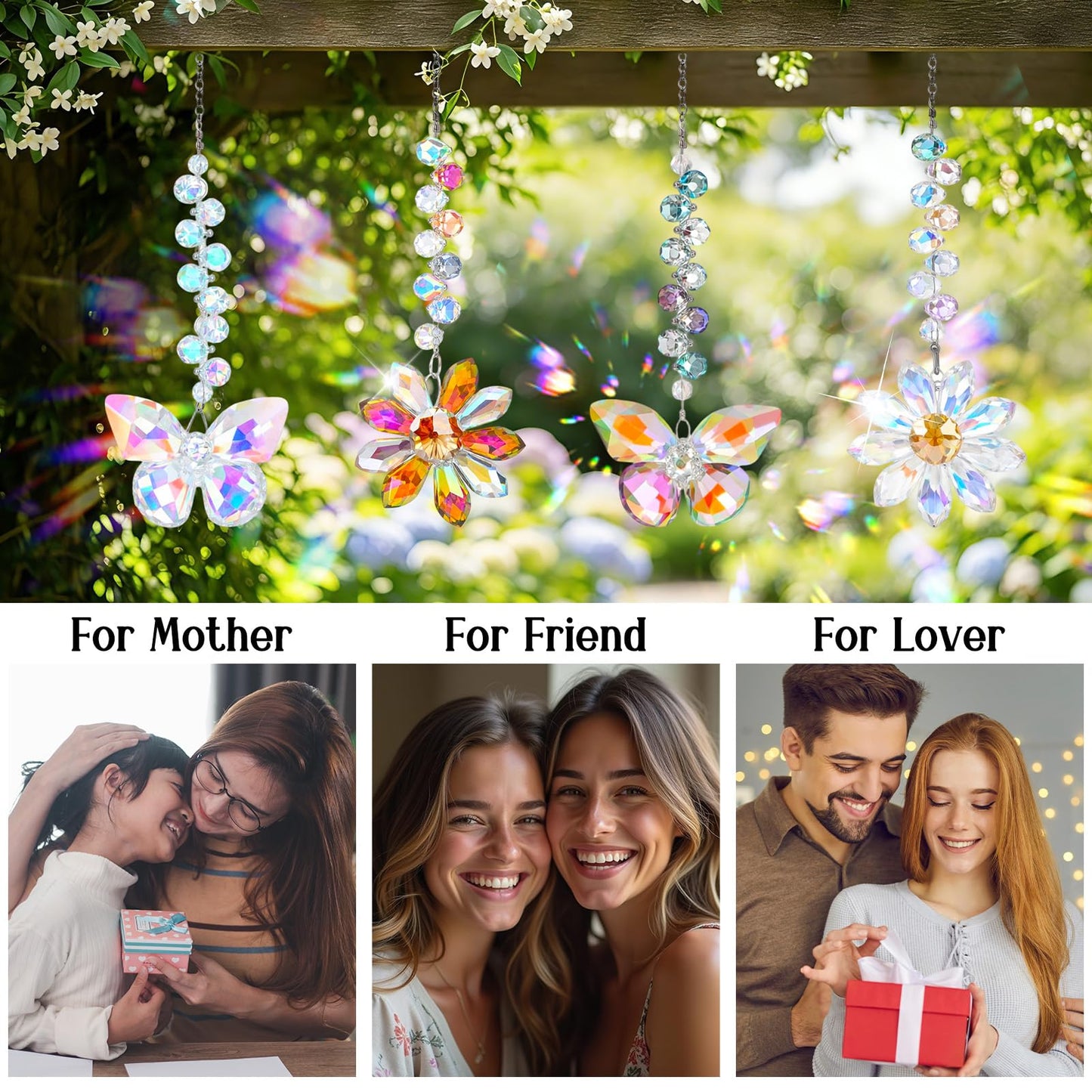 Hoemwarm 4 PCS Crystal Suncatchers 2PCS Butterfly 2PCS Flower Window Hanging Ornaments Rainbow Maker for Indoor Outdoor Garden Wedding Decor Gifts