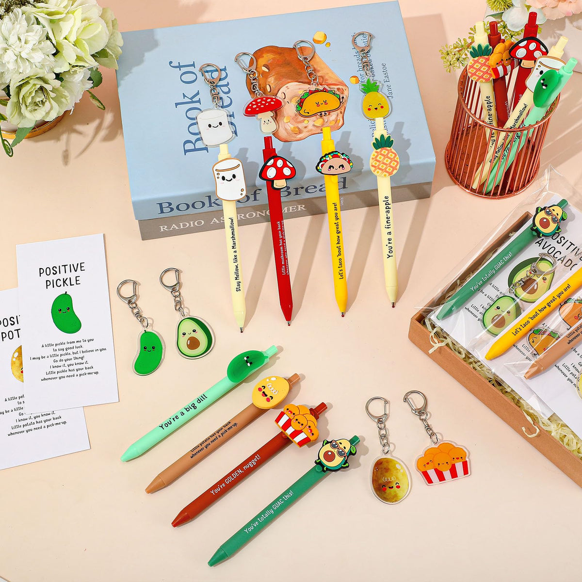 Landical 16 Sets Employee Appreciation Gifts Bulk, Positive Pen Inspirational Keychain with Motivational Card, Thank You Gift for Office Class Favor Coworker Team Teacher (Smart Snack)