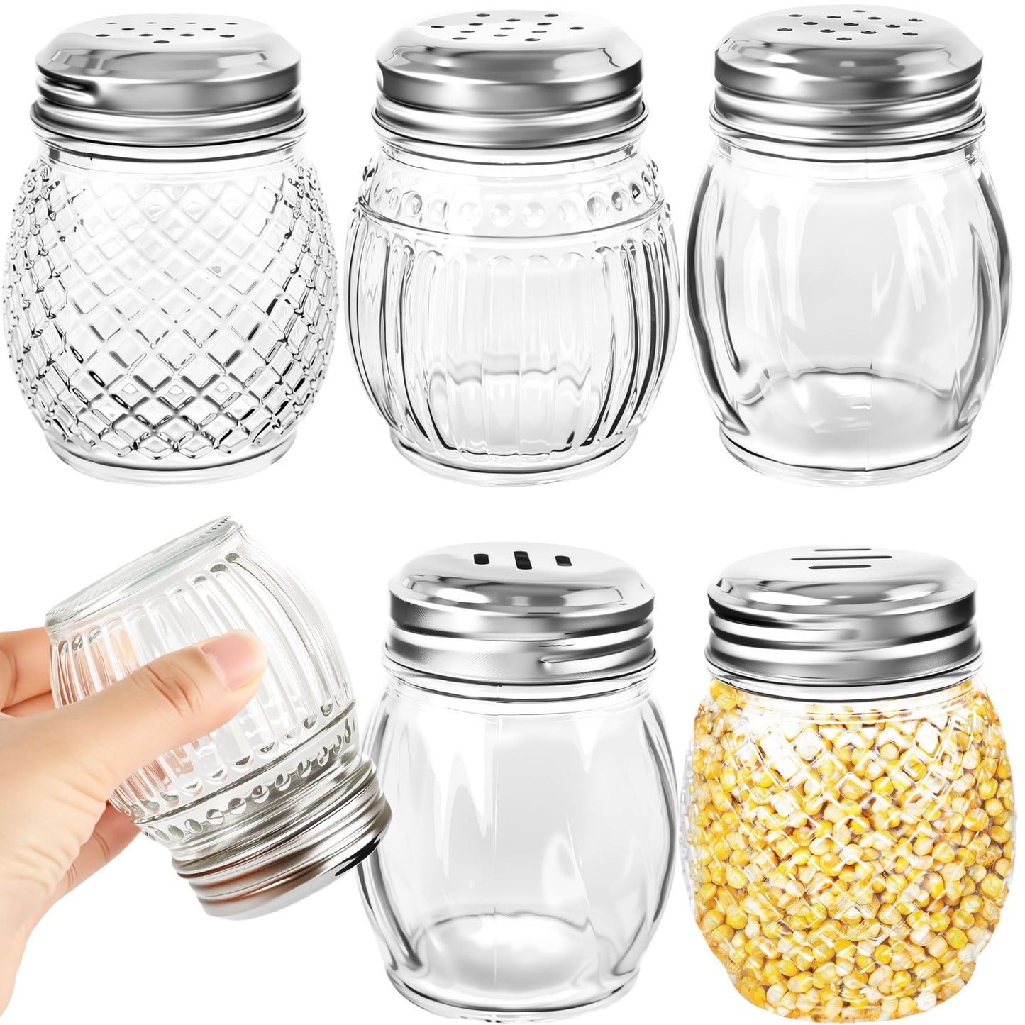 6 Pack 6 Ounces Glass Spices Shaker with Perforated Lid Salt Cheese and Pepper Shakers for Home Kitchen Restaurant Supplies, 2 Styles