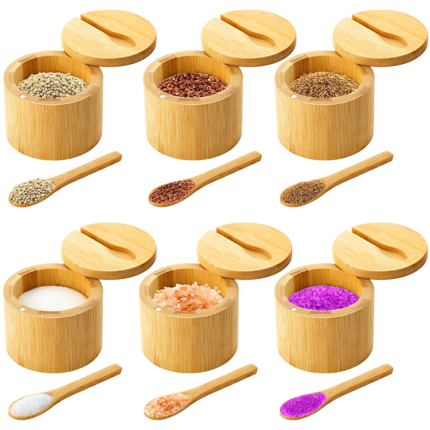 Honeydak 6 PCS 6oz Bamboo Salt Cellar Salt Container with Magnetic Swivel Lid & Spoon Bamboo Storage Box Bowl Elegant Kitchen Holder Saver Jar to Storage Pepper Spice Sea Sugar for Countertop