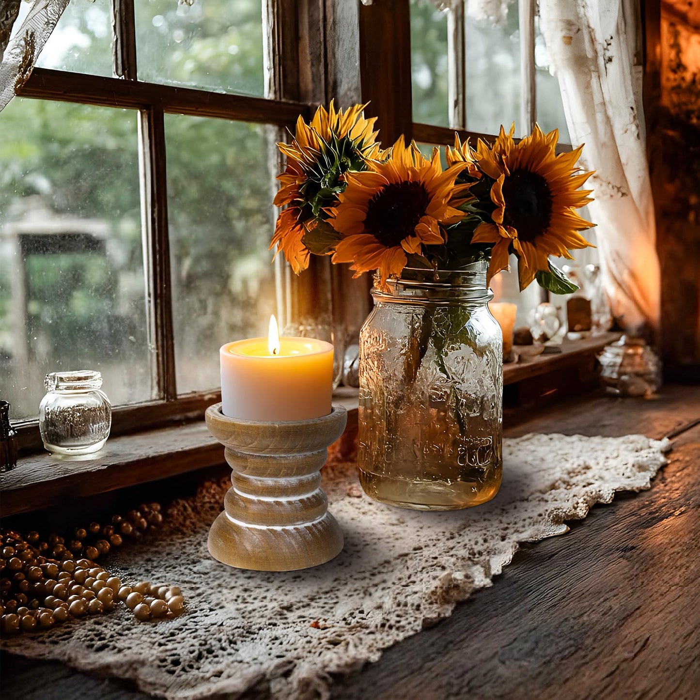Pillar Candle Holder, Farmhouse Wood Candle Holder, Rustic Wooden Candle Stand, Vintage Small Wooden Candlestick Holders for Living Room, Table Centerpiece, Brown