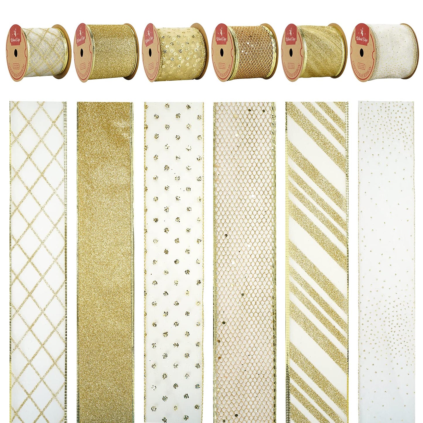 MEEDEE White and Gold Ribbon for Christmas Tree 2.5 Inch 6 Rolls 36 Yards Christmas Ribbons Gold Ribbons for Christmas Tree Decoration Garland Wire Mesh Ribbon for Wreaths