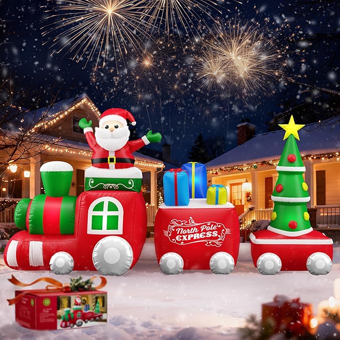 11 FT Deluxe Christmas Inflatables Train with Santa Claus, Gift Box, Christmas Tress, Built-in LED Lights, Blow Up Lovely Train Carriage for Christmas Party Holiday, Outdoor Garden Lawn Yard Decor