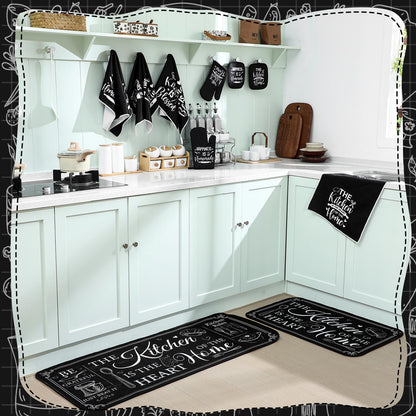 Fourluoo 10 Pcs Farmhouse Kitchen Decor and Accessories Set 4 Kitchen Towels 2 Pot Holders 2 Oven Mitts 2 Rugs for Cooking Baking Mom Housewarming Gifts(Black,Classic Style)