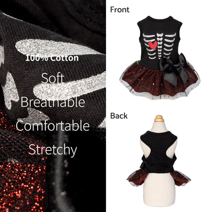 Fitwarm Halloween Skeleton Dog Dress, Funny Dog Halloween Costumes, Doggy Clothes for Small Dogs Girl, Pet Apparel, Black, Red, White, Small