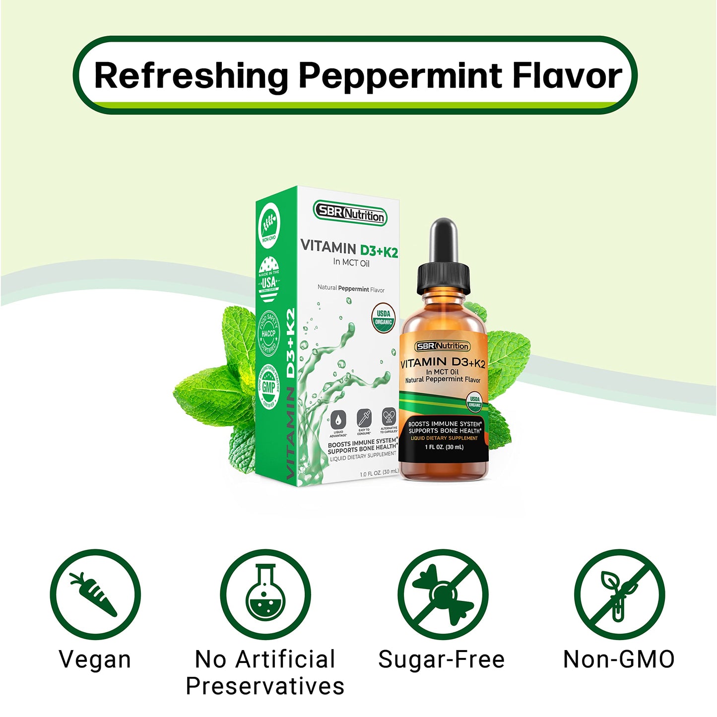 MAX Absorption Vitamin D3 + K2 (MK-7) Liquid Drops with MCT Oil, Peppermint Flavor, Helps Support Strong Bones and Healthy Heart (D3+K2) (D3+K2)