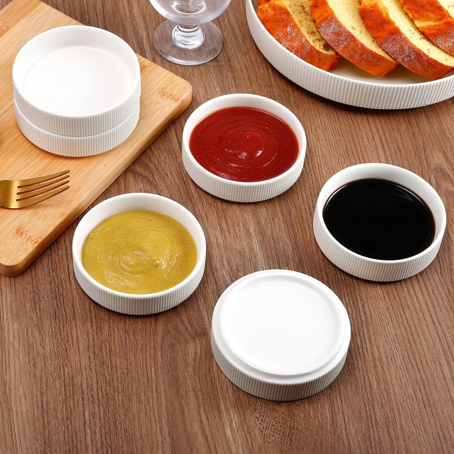 IJRPLM 6 Pcs Sauce Dish Ceramic Dipping Bowls, 4 oz Small Condiment Bowls with Ribbed Edge, Pearl White Sauce Cups, Small Serving Bowl for Sushi Sauce Appetizer Side Dishes Condiments