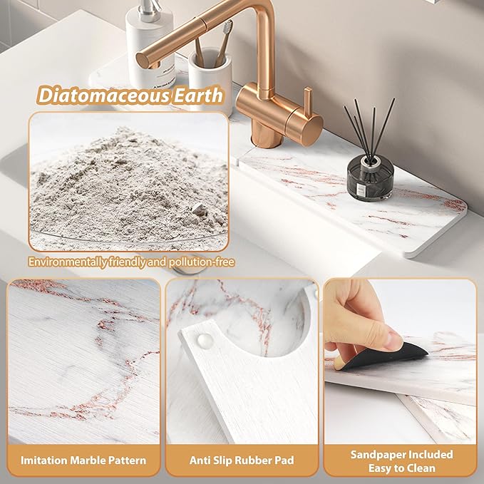 Kitchen Sink Faucet Mat, Diatomaceous Earth Quick Dry Sink Splashback Drying Mat