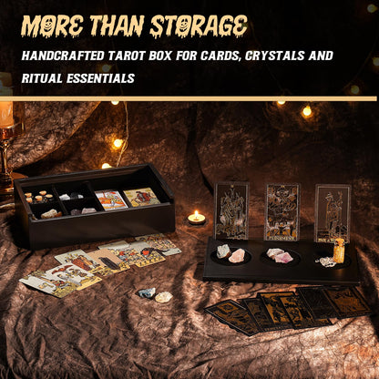 Emfogo Wooden Tarot Card Holder - Slide-Top Lid with 2 Card Slots Holds 8 Cards & Displays Crystals, Multi-Compartment Organizer for Jewelry, Trinket, Keepsake, Witchcraft Supplies (Black)