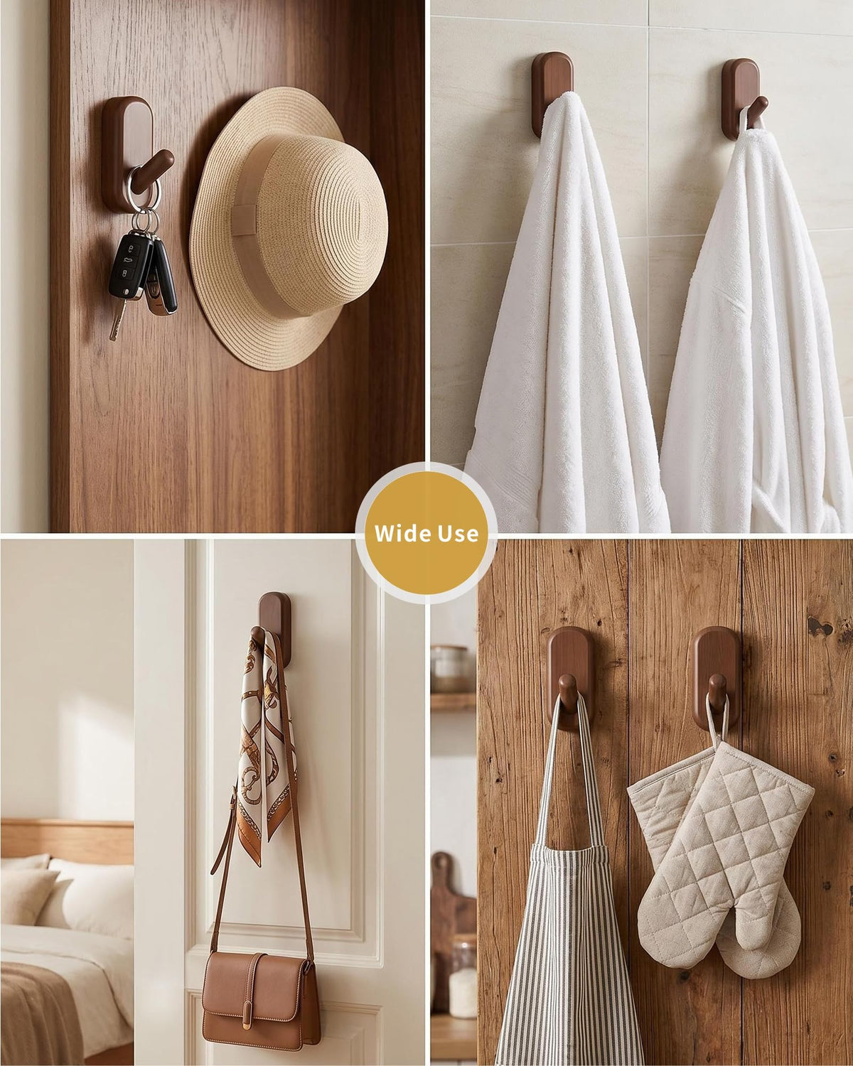 FCOWK Wooden Wall Hooks for Hanging - 4 Pack Heavy Duty Coat Hooks Wall Mount- Solid Walnut Wood Hat, Bag, Backpack & Towel Hooks - Modern Key Holder for Bathroom & Entryway (Dark Walnut)