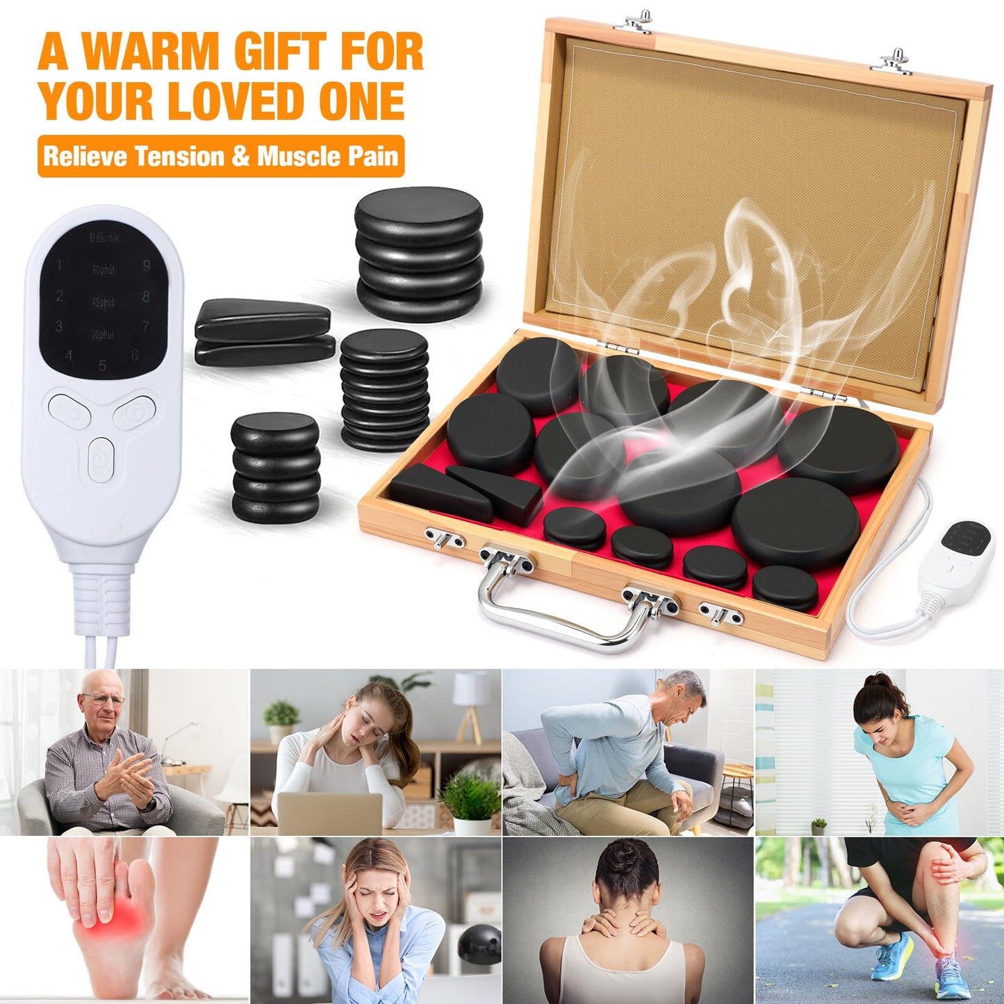 Yunsailing 18 Pcs Hot Stones Massage Set with Electric Heater Box 110v Basalt Massage Rock Kit for Professional Home Spa Warming Relaxing Relief, Constant 50°c (122°f)(Adjustable Temperature Wood Box)
