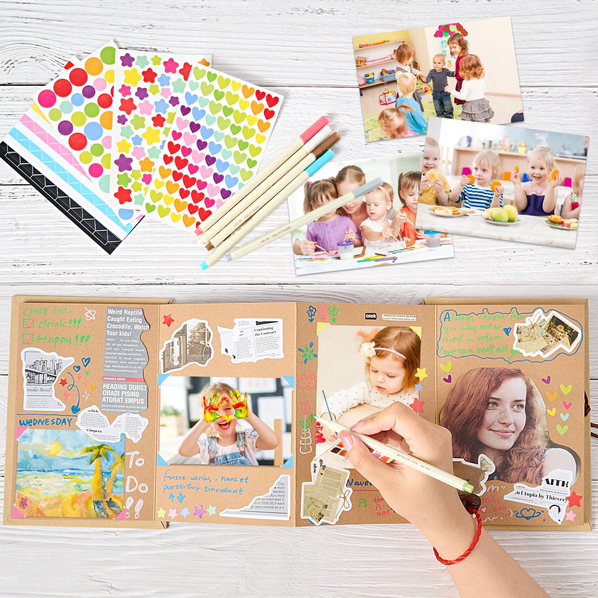 Mauproy 6 x 8 Inch Small Scrapbook Album with Brown Pages, Stretchable Folding Photo Album with DIY Accessories Kit, Hardcover Memory Book Accordion Adventure Scrapbook