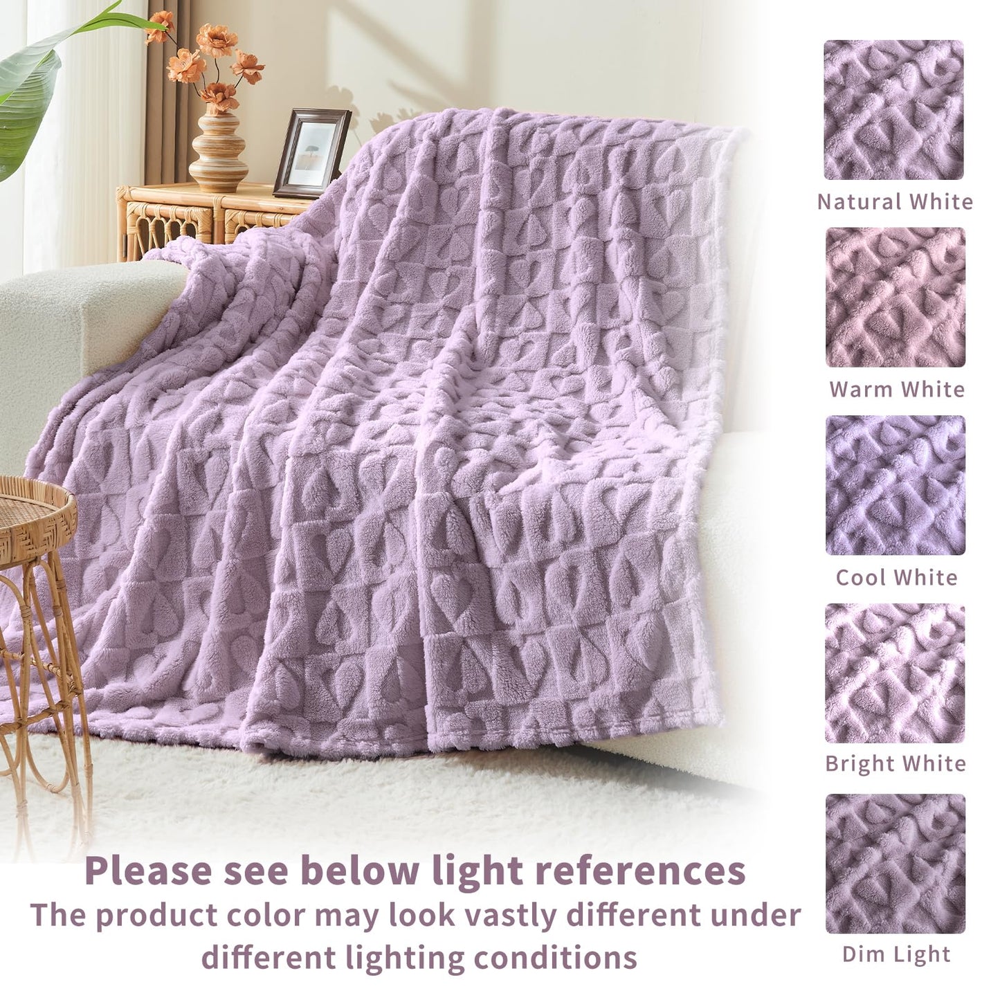 GIOKARNNA Light Purple Throw Blankets with Heart Checkered Throw Blanket for Lover Mom Gifts Fleece Blanket, 60x80 Inches, 300GSM